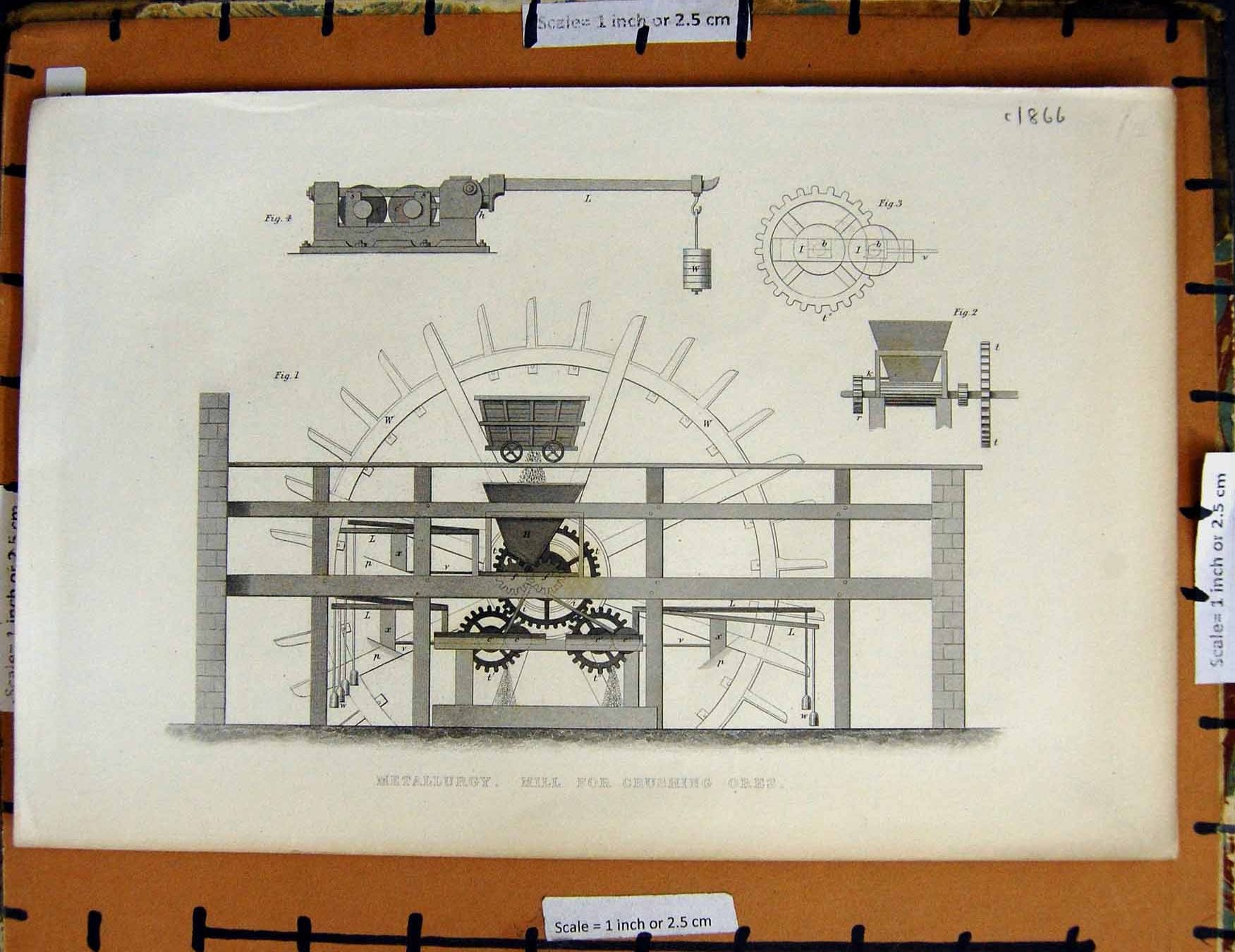 Original Old Antique Print C1800-1870 Metallurgy Mill Crushing Ore 19th Century