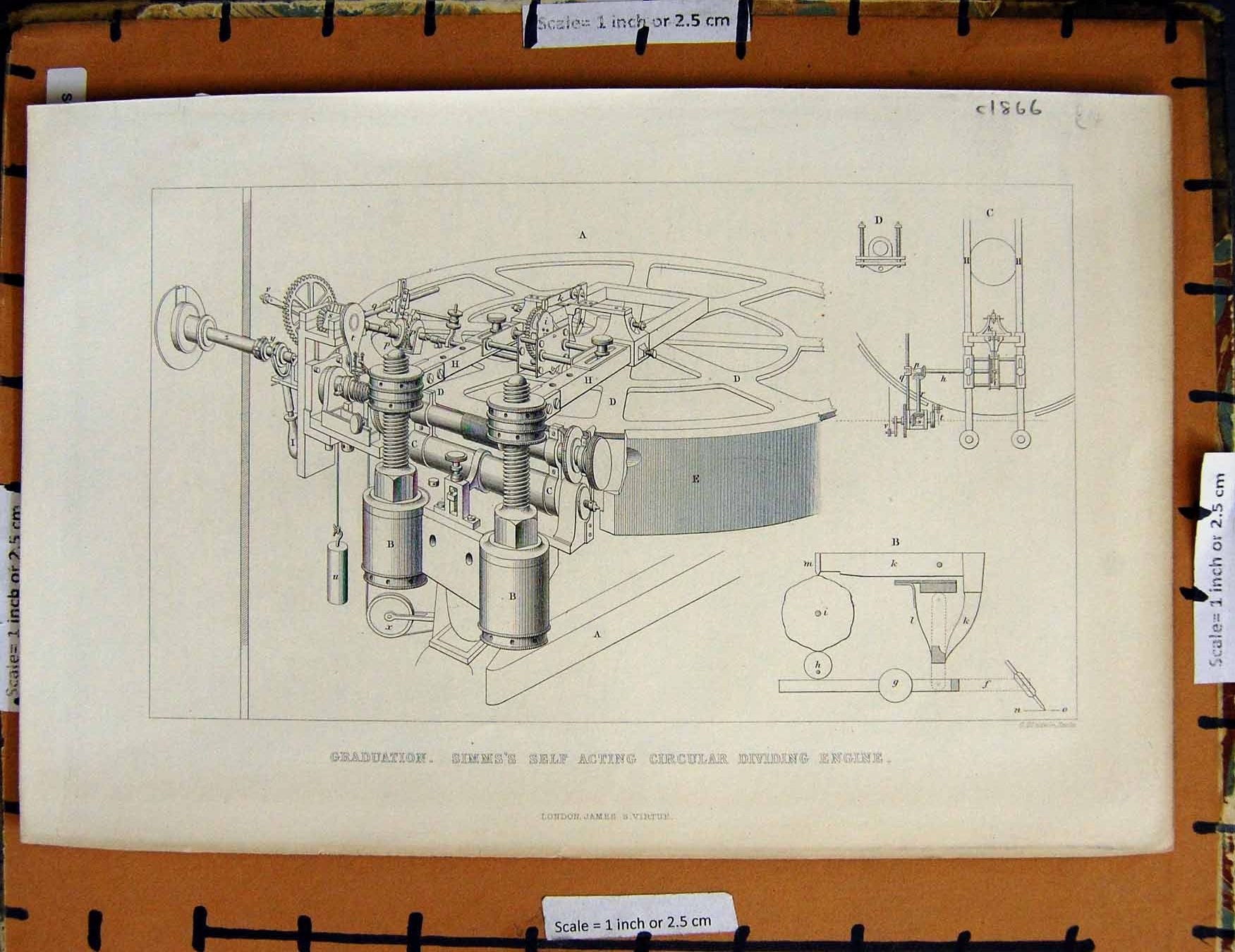 Original Old Antique Print C1800-1870 Simms Circular Dividing Engine 19th
