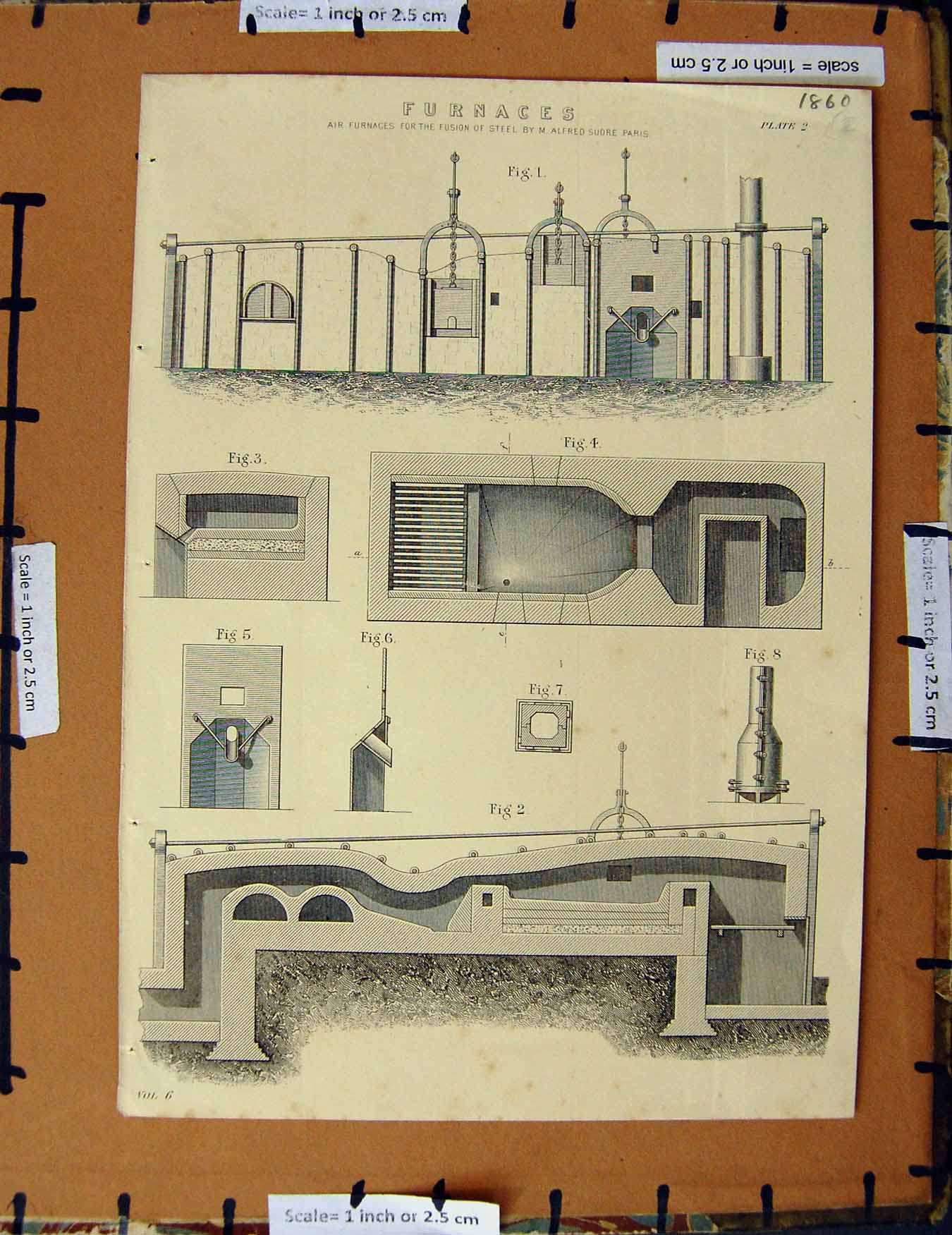Original Old Antique Print C1800-1870 Furnaces Fusion Steel Machine 19th