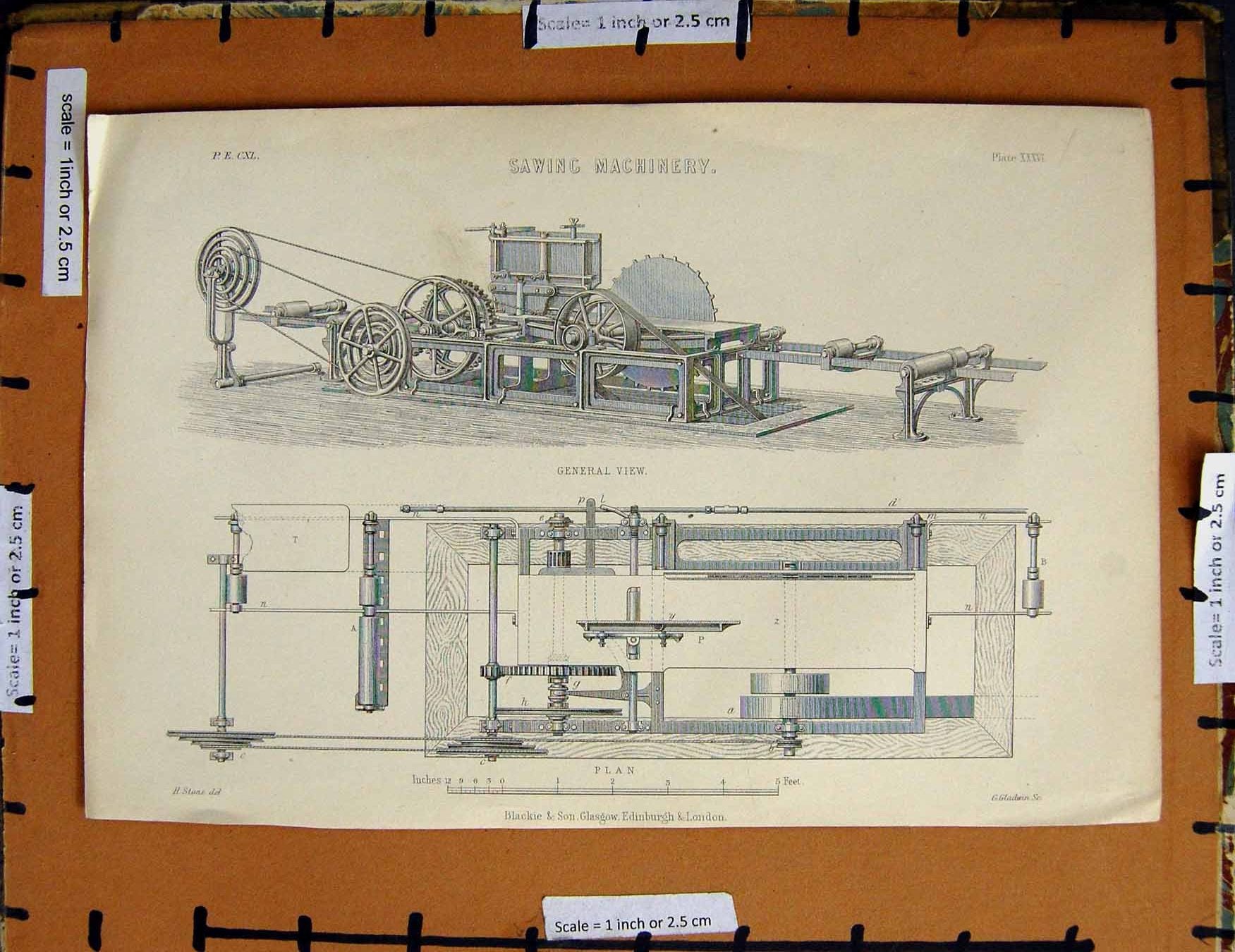 Original Old Antique Print C1800-1870 Sawing Machinery Wood Plan 19th Century