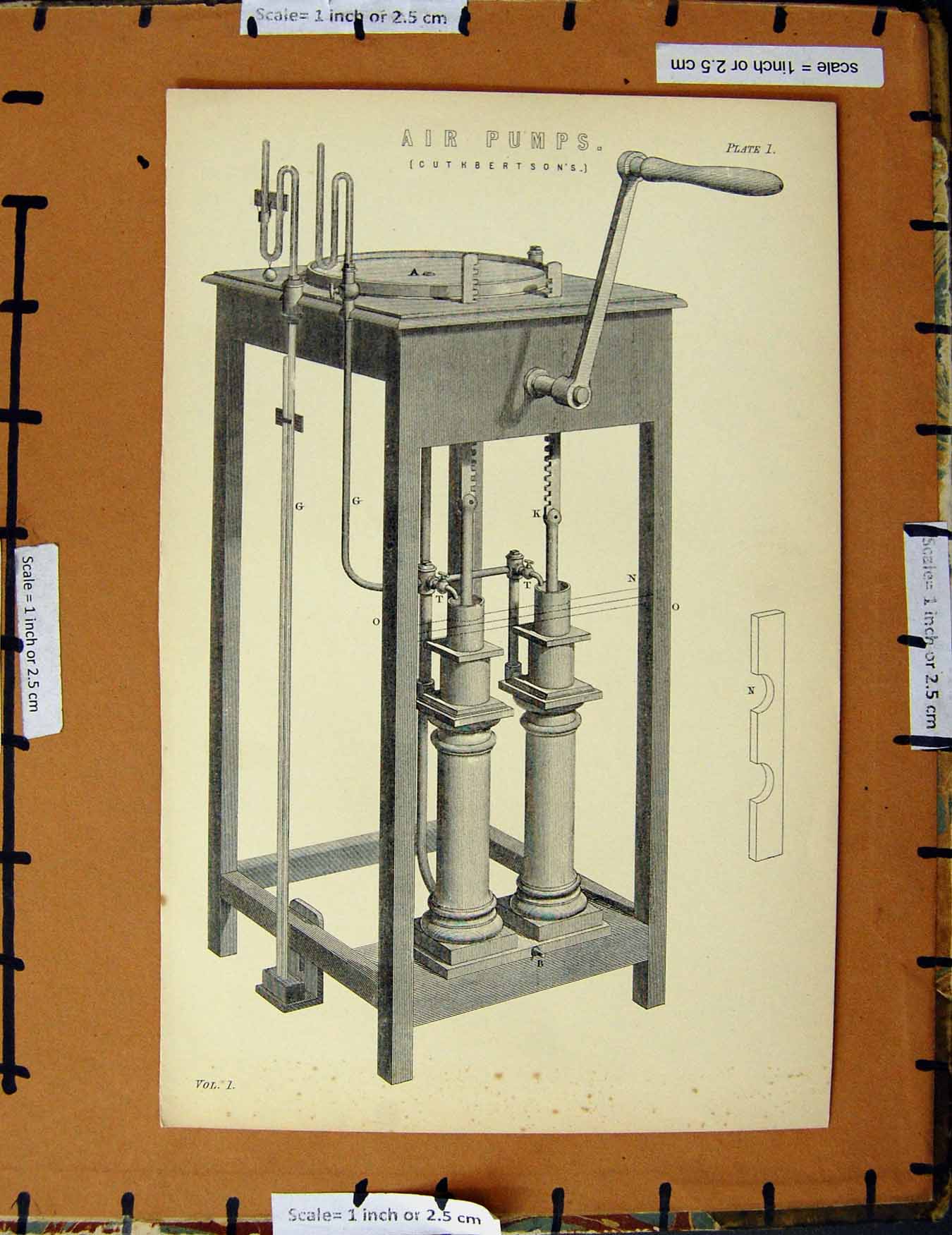 Original Old Antique Print C1800-1870 Cuthbertson Air Pump Machinery 19th