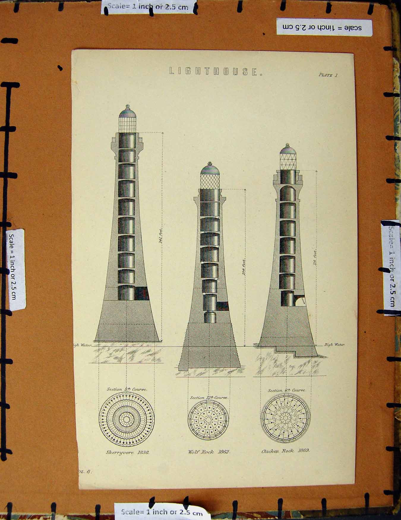 Original Old Antique Print C1800-1870 Lighthouse Wolf Chicken Rock 19th Century