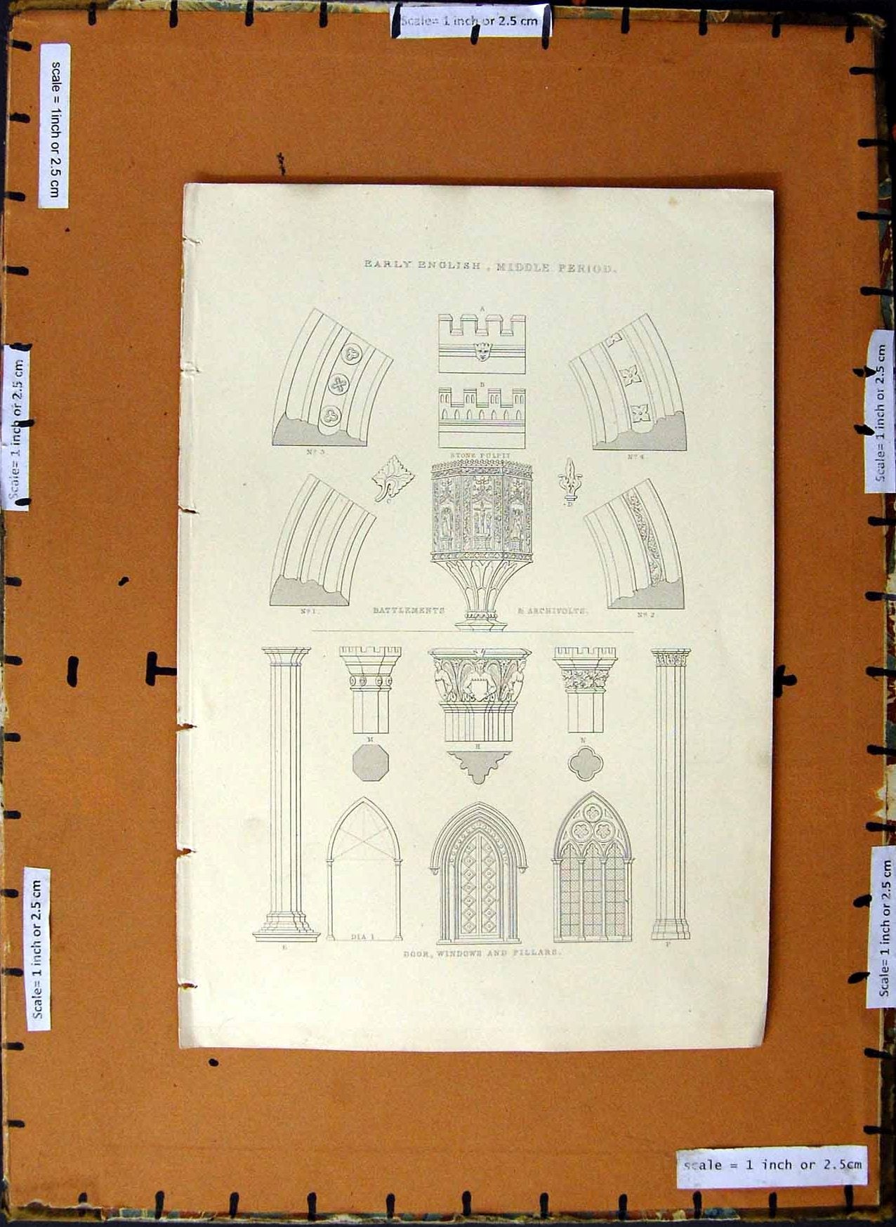 Original Old Antique Print C1800-1870 English Architecture Archivolt 19th
