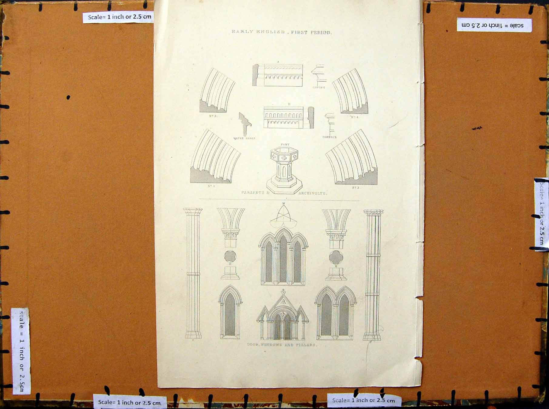 Original Old Antique Print C1800-1870 Architecture Windows Doors 19th Century