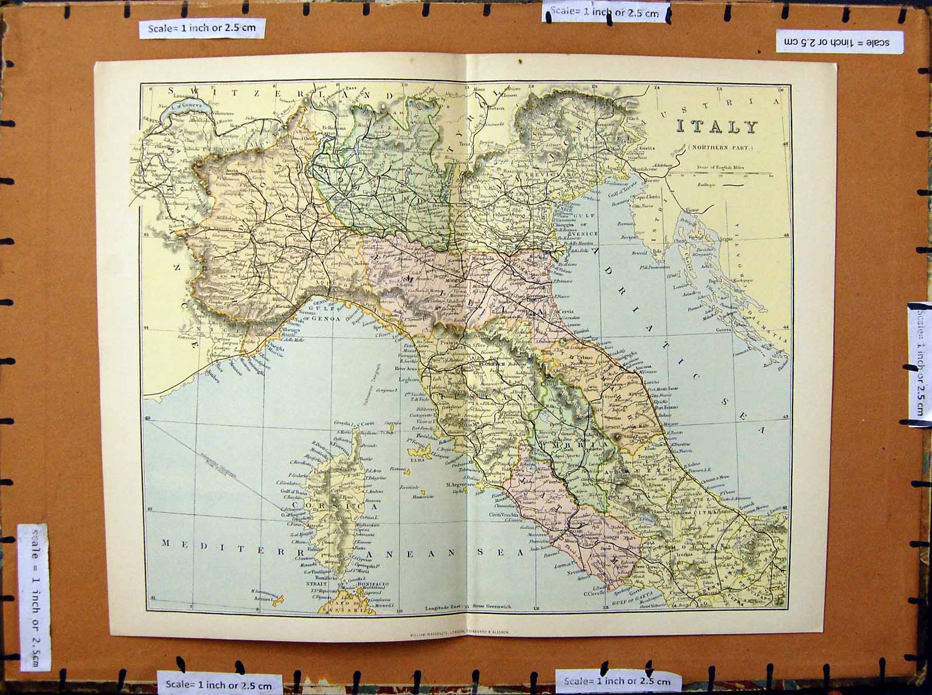 Original Old Antique Print C1800-1870 Colour Map Italy Corsica Elba 19th