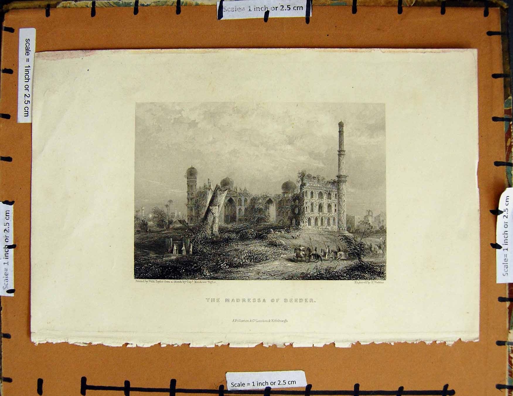 Original Old Antique Print C1800-1870 View Madressa Beeder Ruins 19th Century