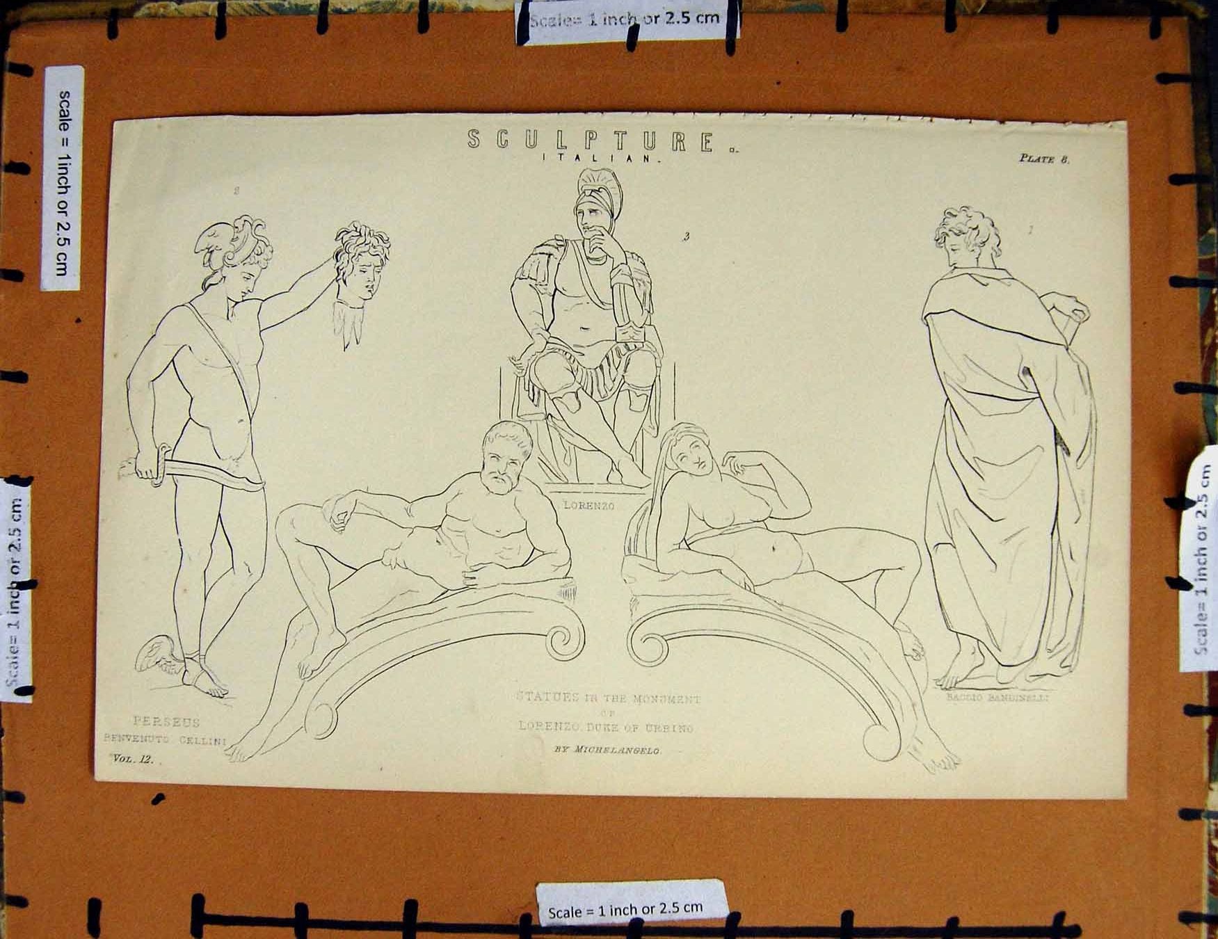 Original Old Antique Print C1800-1870 Italian Sculpture Urbino Perseus 19th