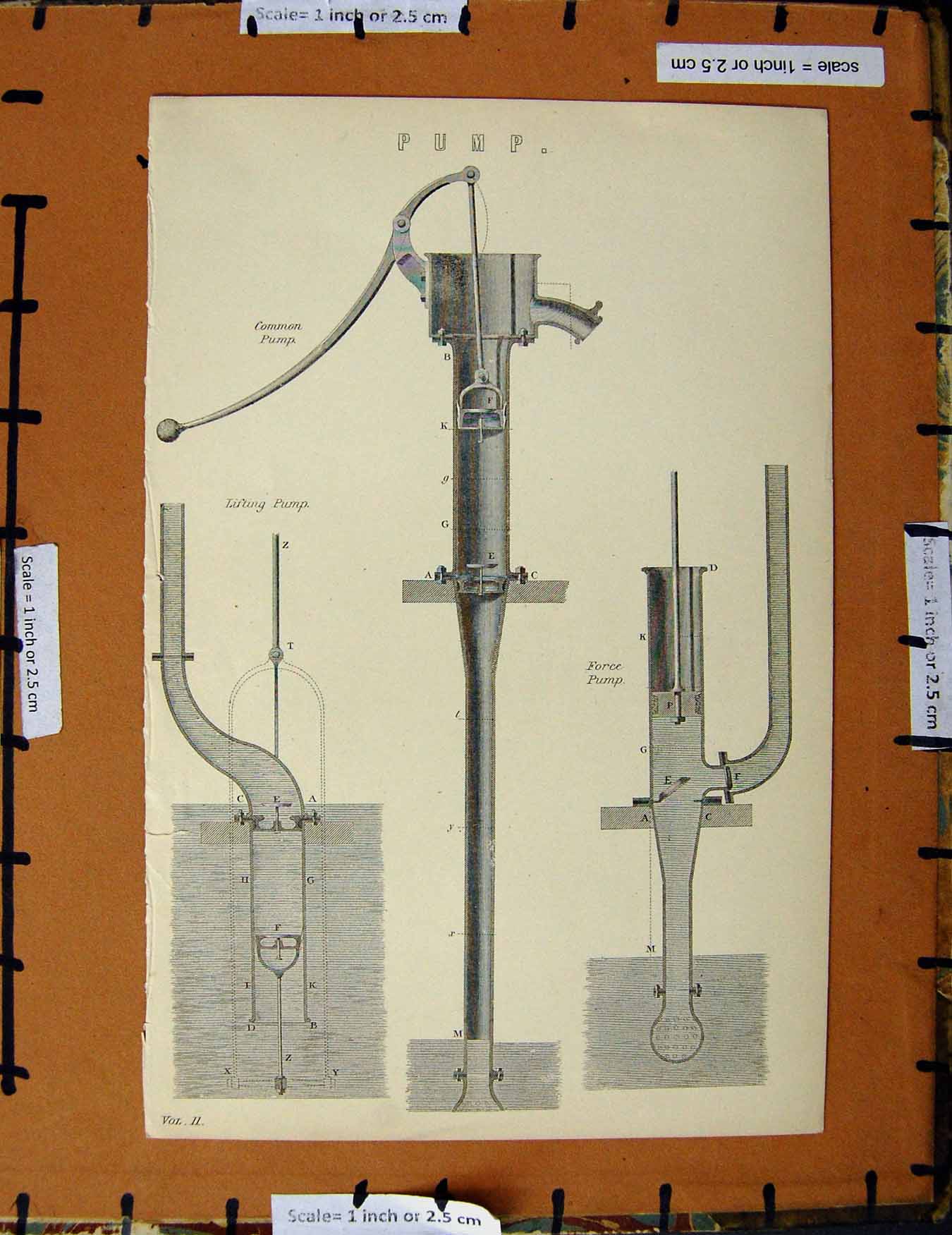 Original Old Antique Print C1800-1870 Common Force Pump Instruments 19th