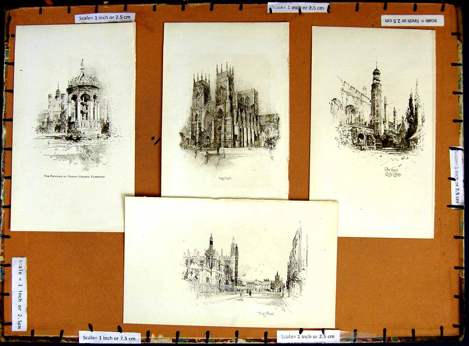 Original Old Antique PrintC1790-C1940 York Cathedral College Cambridge