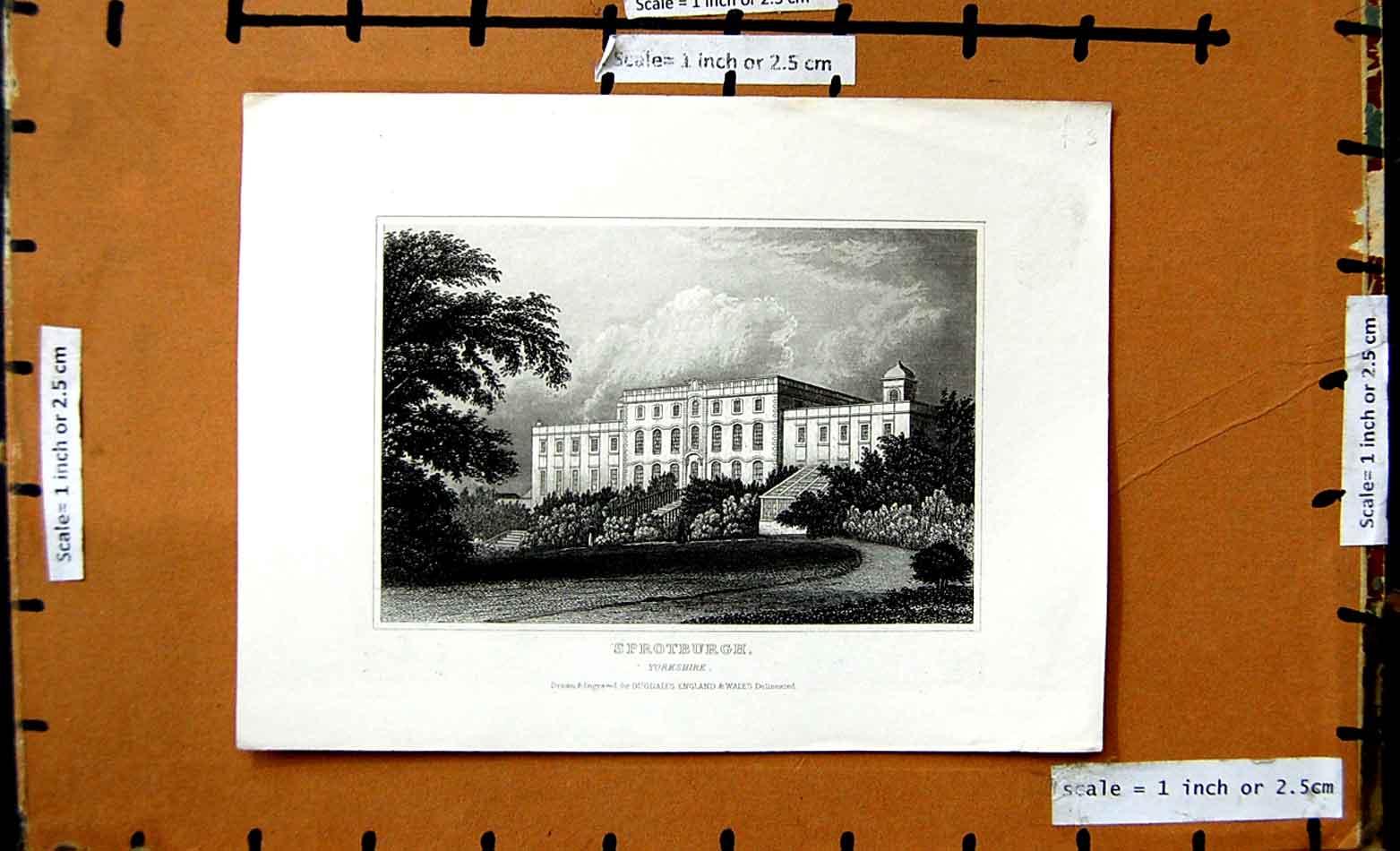 Original Old Antique Print View Sprotburgh Yorkshire England Architecture