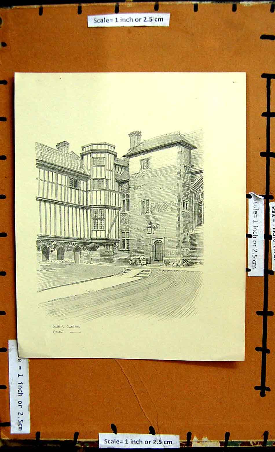 Original Old Antique Print Drawing Queen'S Cloister Court
