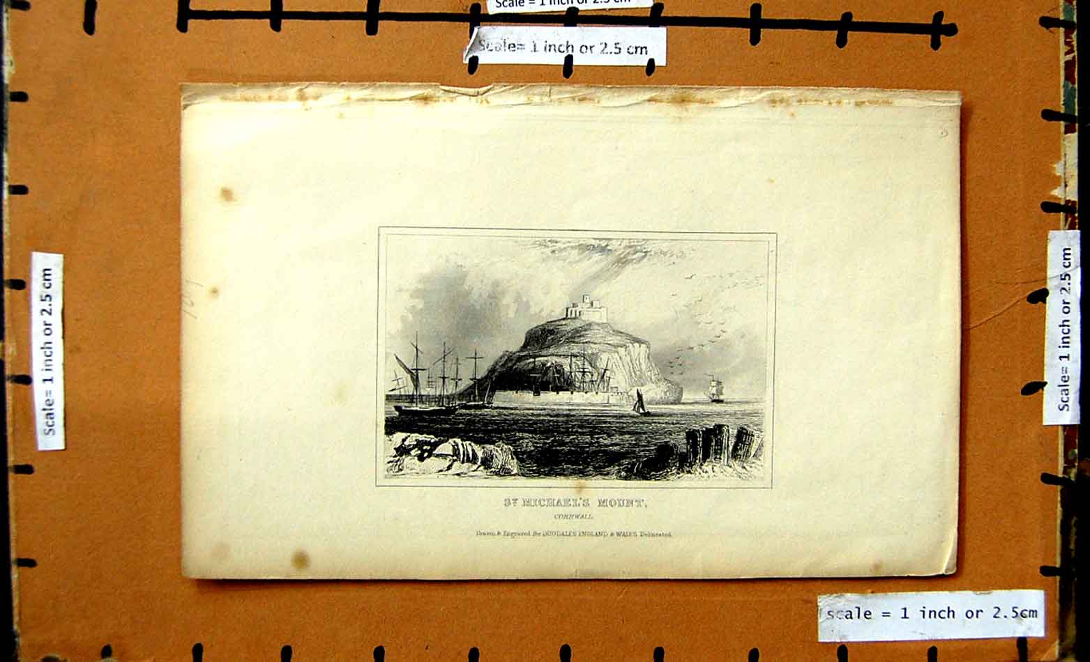 Original Old Antique Print View St. Michael'S Mount Cornwall England Ships