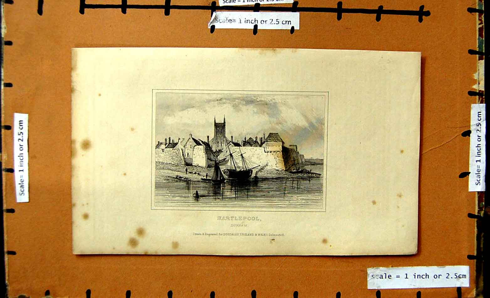 Original Old Antique Print View Hartlepool Durham Houses Boats
