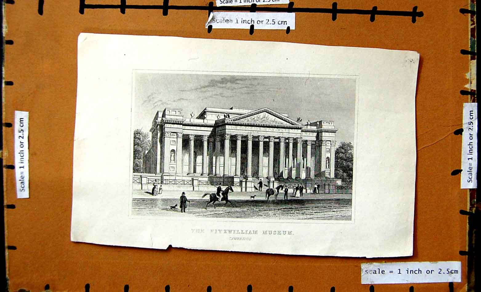 Original Old Antique Print View Fitzwilliam Museum Cambridge England Men Horses
