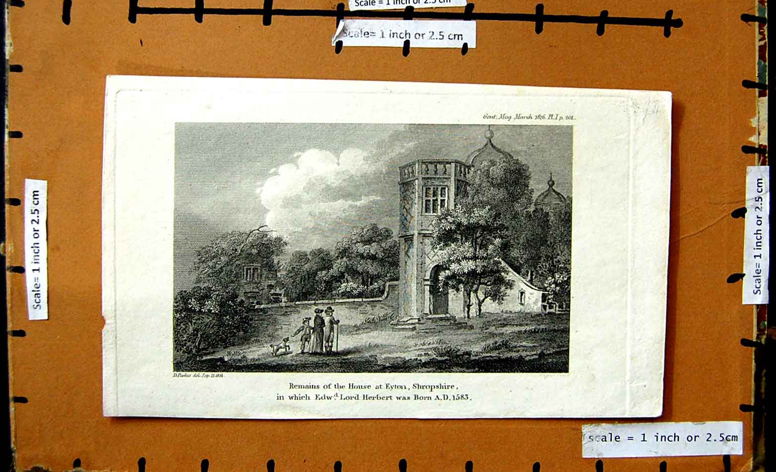Old Antique Print 1816 View Remains House Eyton Shropshire Lord Herbert 19th
