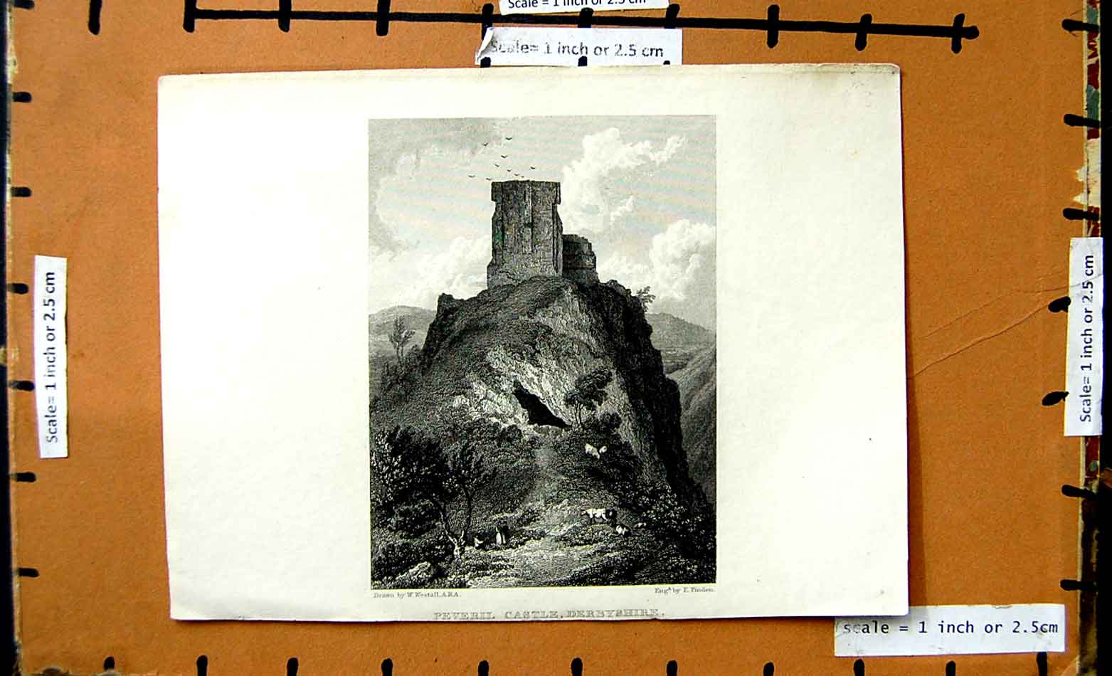 Original Old Antique Print Westall Finden View Peveril Castle Derbyshire
