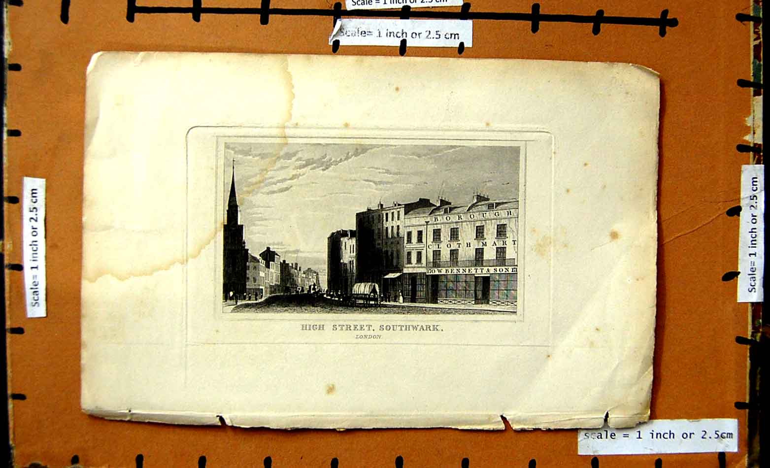 Original Old Antique Print View High Street Southwark London Cloth Mart Bennett
