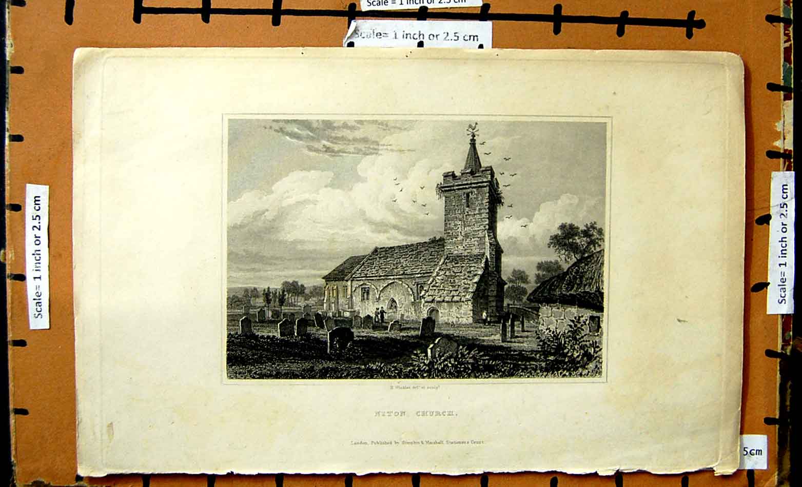 Original Old Antique Print View Niton Church Graves Architecture Winkles