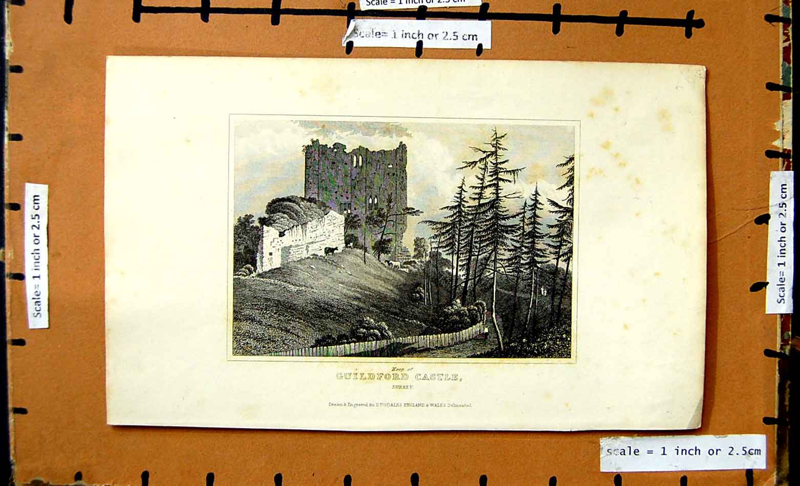 Original Old Antique Print View Keep Guildford Castle Surrey England Dugdales