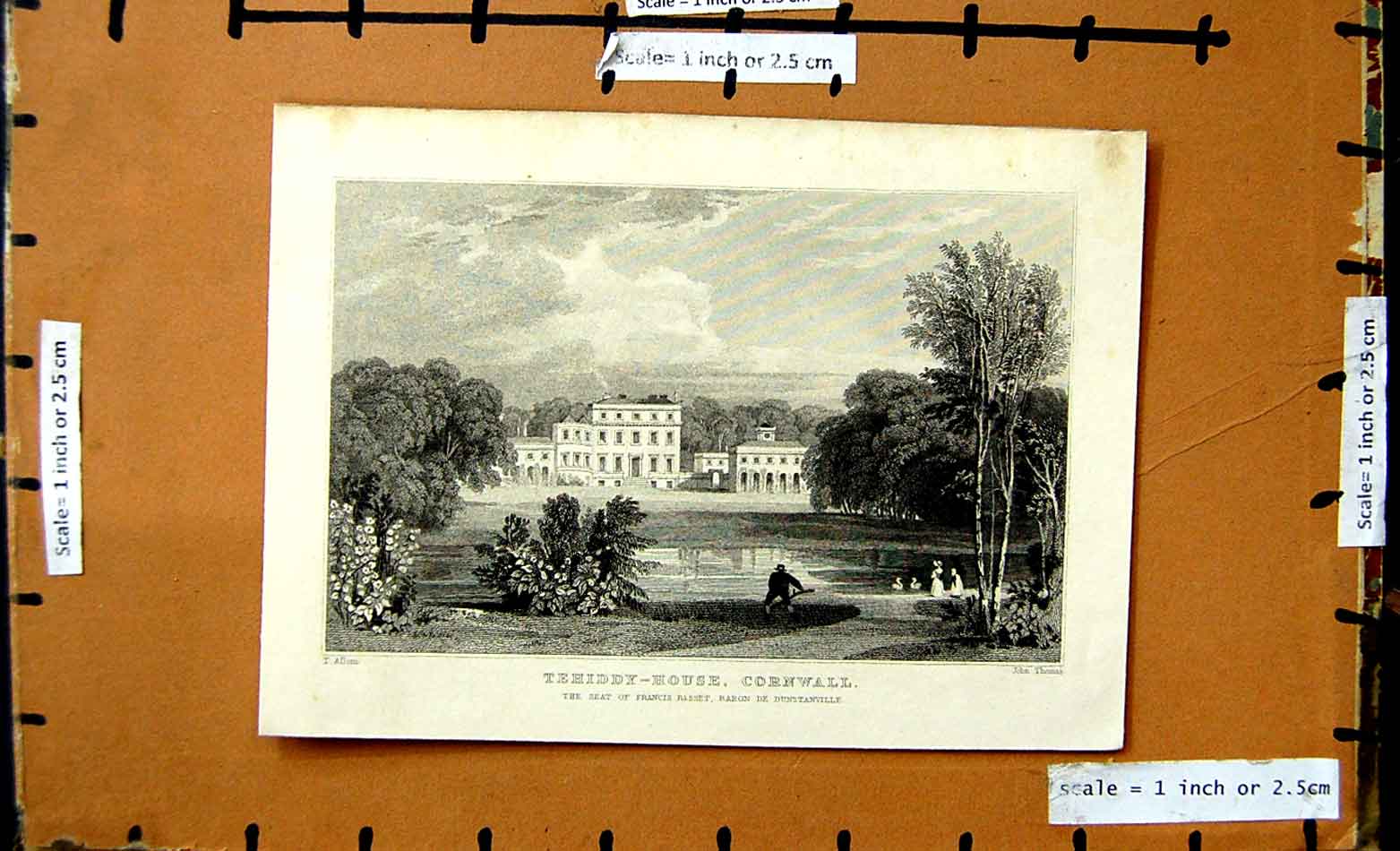Original Old Antique Print Tehiddy House Cornwall Francis Basset Allom Thomas