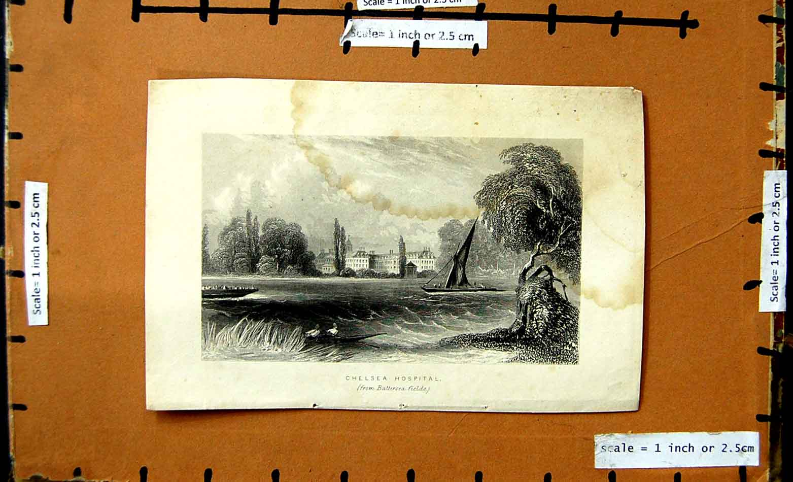 Original Old Antique Print View Chelsea Hospital Battersea Fields River Boats