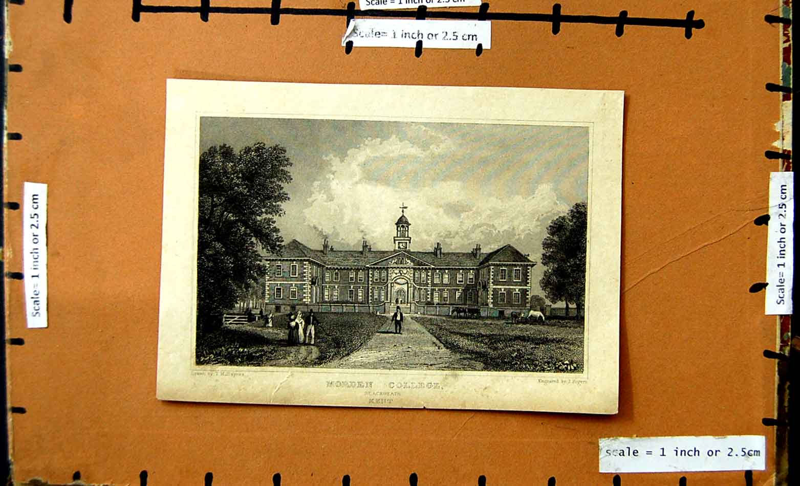Original Old Antique Print View Morden College Blackheath Kent Baynes Rogers