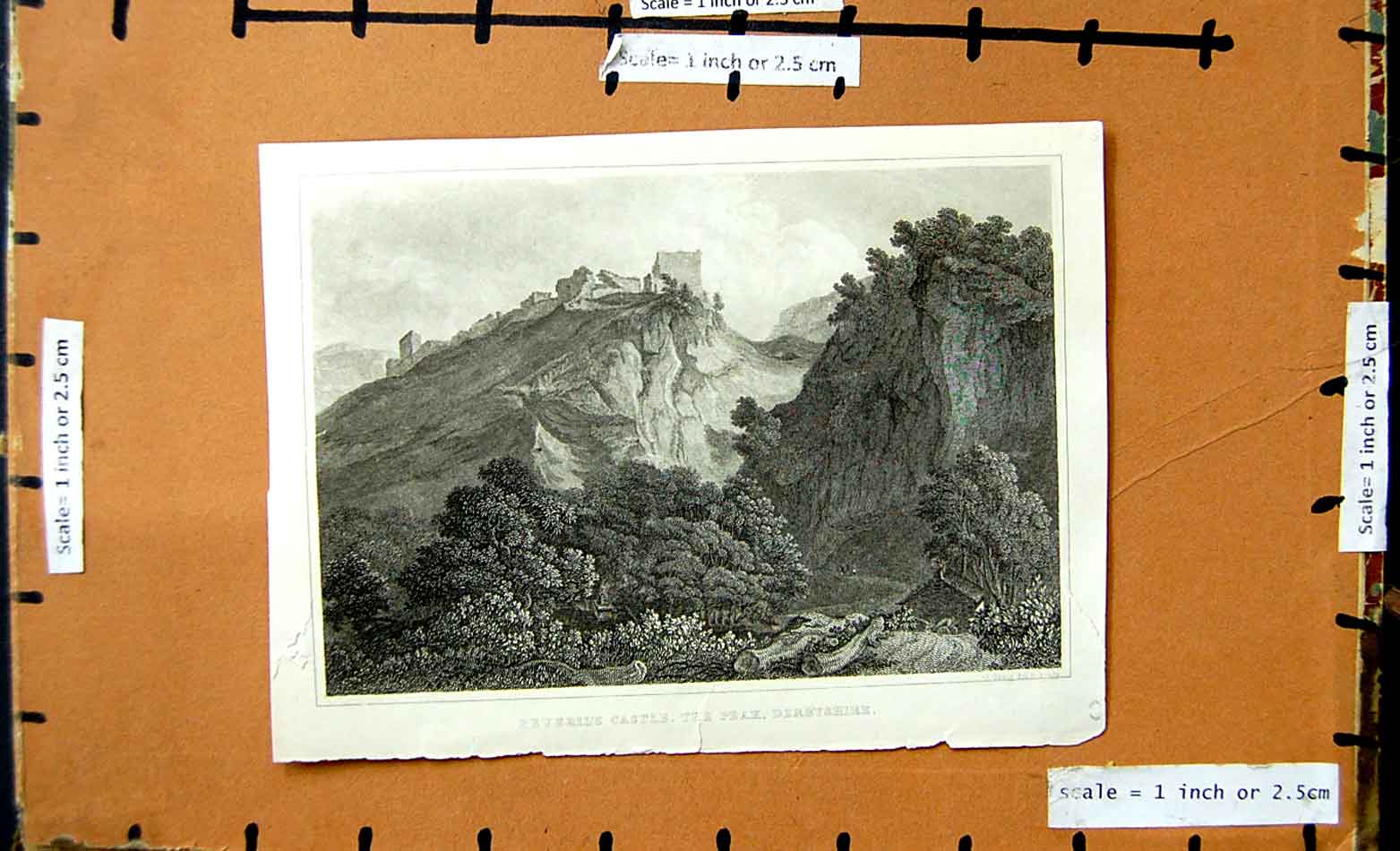 Original Old Antique Print View Peveril'S Castle Peak Derbyshire Mountains 20th