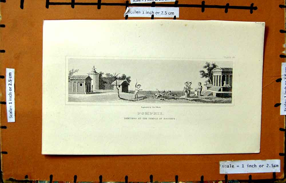 Original Old Antique Print Heath Engraving Paintings Temple Bacchus Pompeii