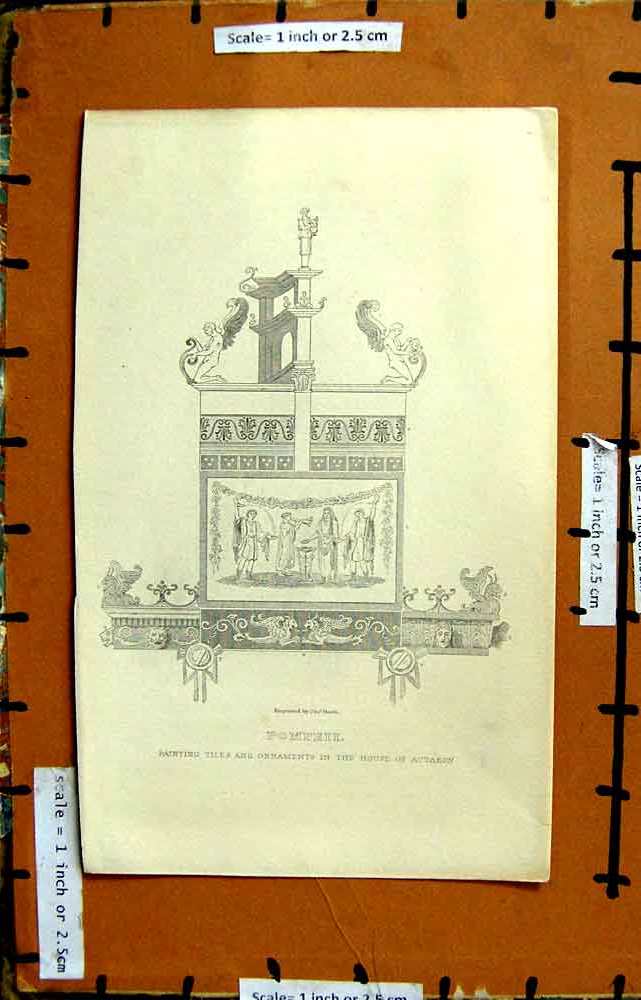 Original Old Antique Print Painting Tiles Ornaments House Actaeon Pompeii Heath