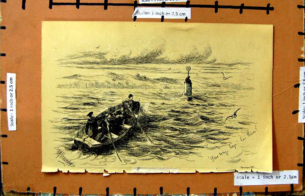 Original Old Antique Print Stormy Sea Boat Men Cliffs Rocks Birds