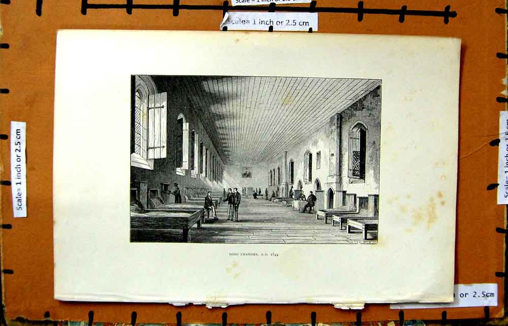 Original Old Antique Print Long Chamber 1844 School Boys 19th Century