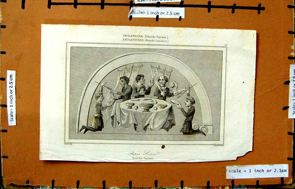 Original Old Antique Print Comida Sajona Saxonne Dinner Party