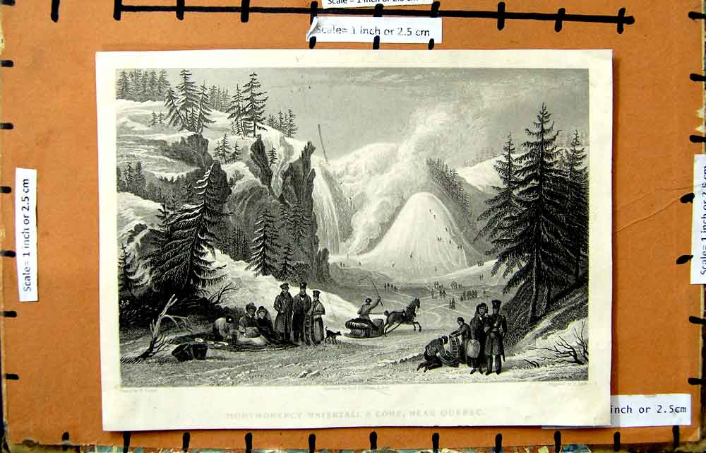 Original Old Antique Print Montmorency Waterfall Cone Quebec Canada Mountains