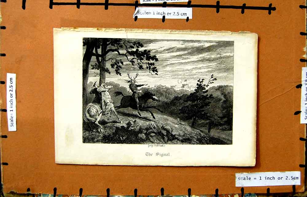 Original Old Antique Print Engraving The Signal Men Hunting Horses Trees