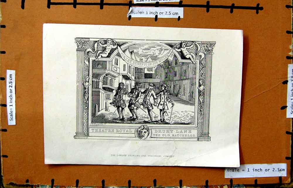 Original Old Antique Print Drury Lane Theatre Royal The Batchelor