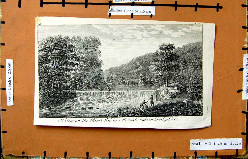 Original Old Antique Print River Wie Monsal Dale Derbyshire Engraving