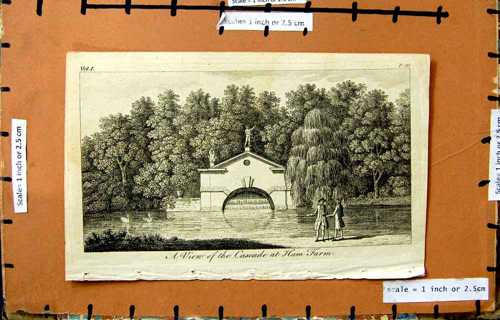 Original Old Antique Print Engraving View Cascade Ham Farm Trees Lake