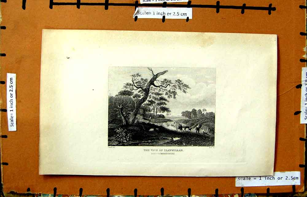 Original Old Antique Print View Vale Llanwillan Montgomeryshire Smith Engraving