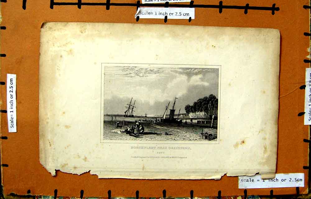 Original Old Antique Print Engraving Northfleet Gravesend Kent England