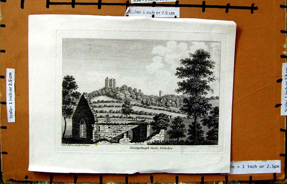 Original Old Antique Print 1785 Hooper Engraving Coningsburgh Castle Yorkshire