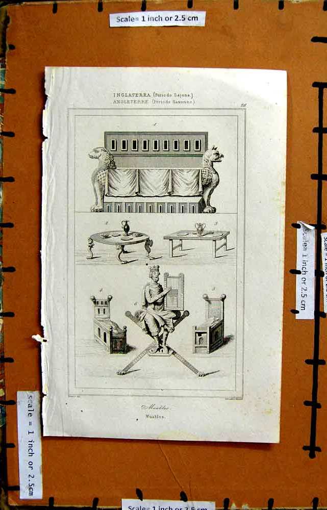 Original Old Antique Print Engraving Maubles Inglaterra Saxonne