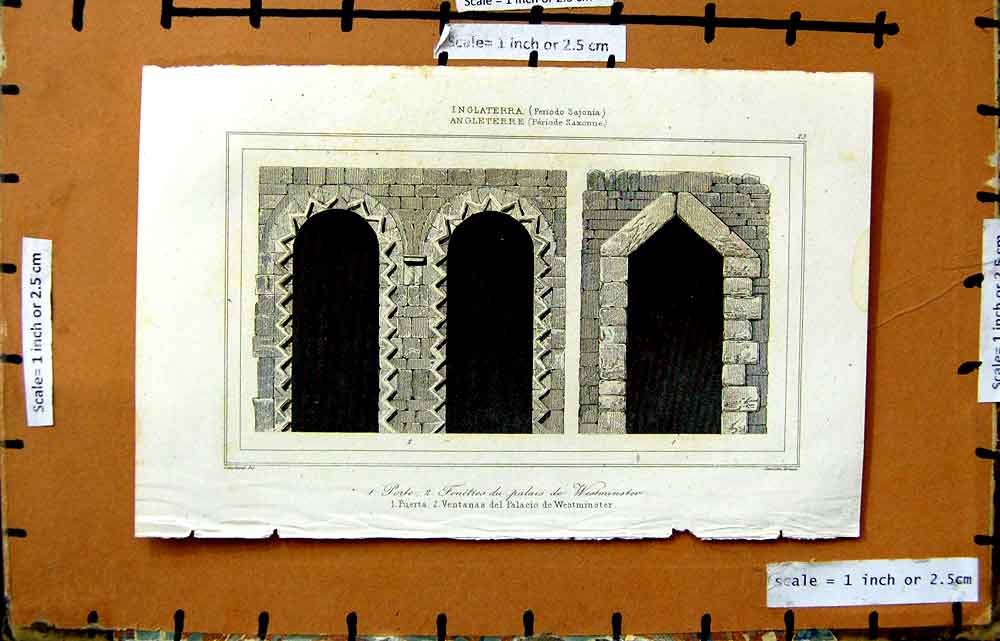 Original Old Antique Print Architecture Windows Westminster Palace Ventanas