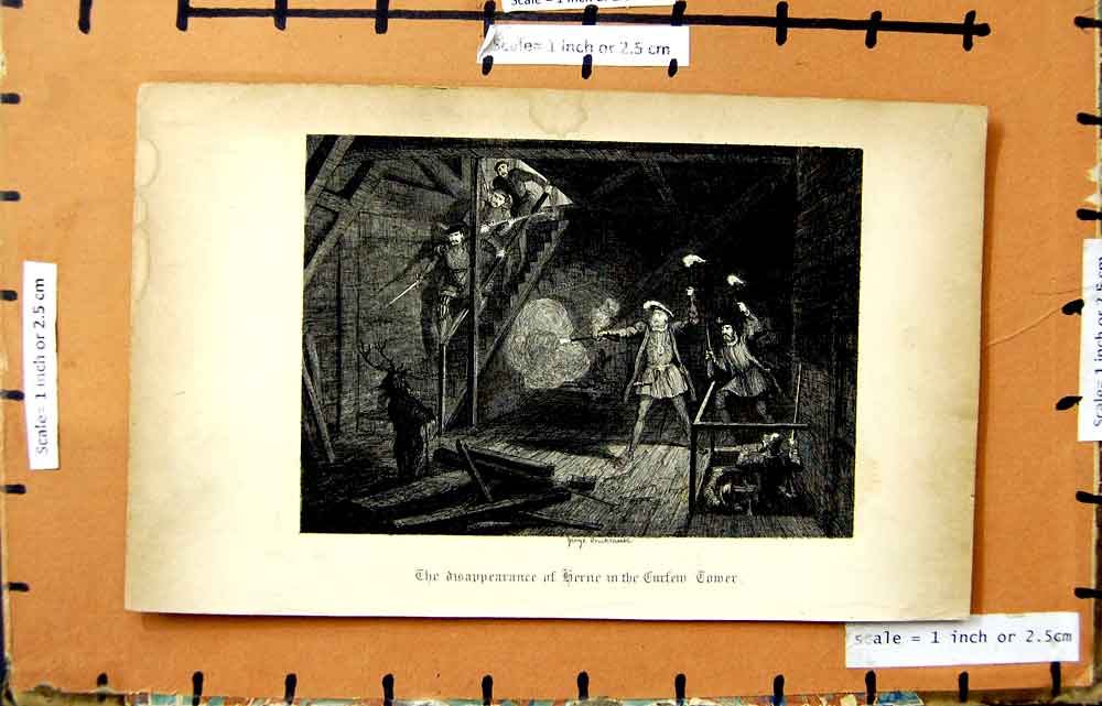Original Old Antique Print Engraving Scene Disappearance Curfew Tower