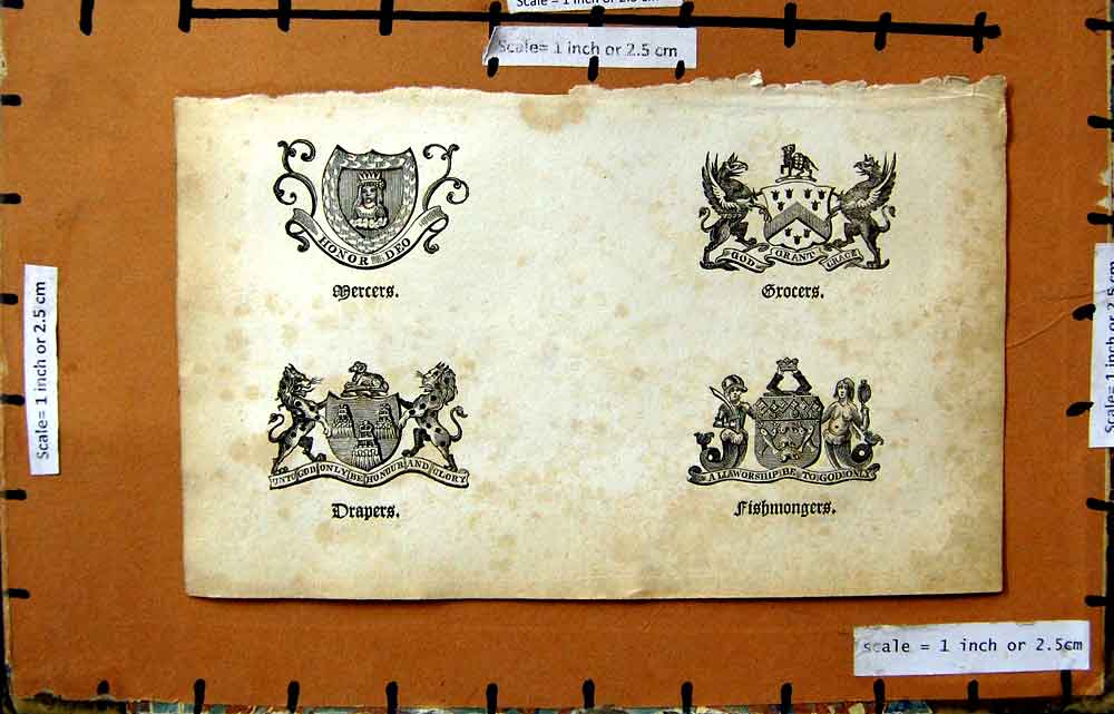 Original Old Antique Print Coat Arms Mercers Grocers Fishmongers Drapers