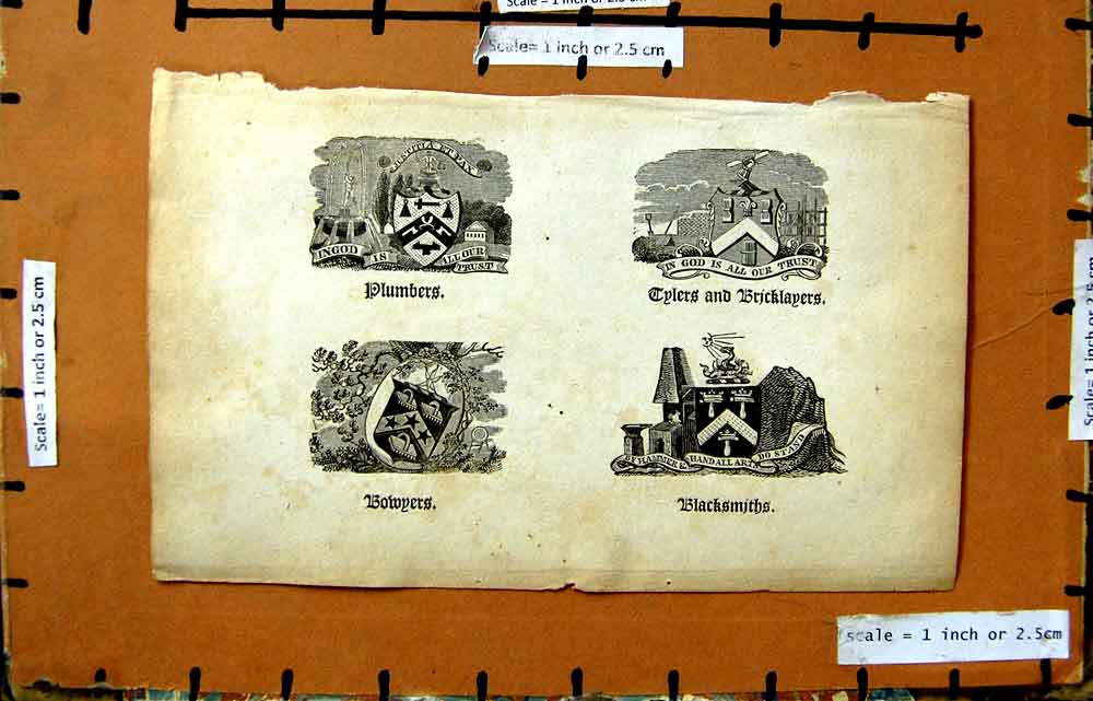 Original Old Antique Print Coat Arms Plumbers Blacksmiths Bricklayers