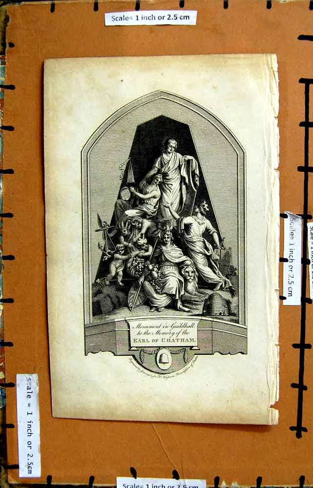 Original Old Antique Print Monument Guildhall Earl Chatham Engraving