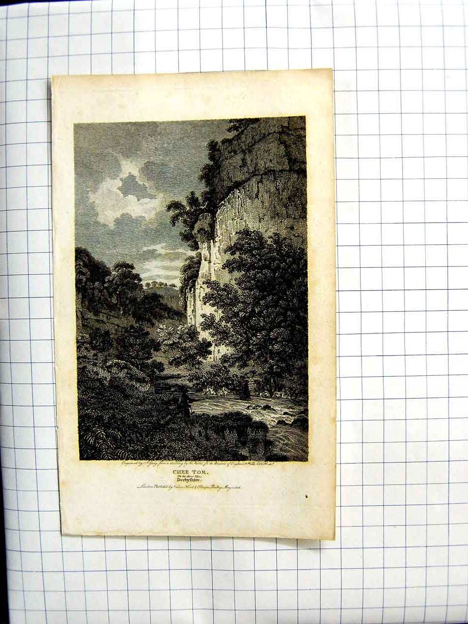 Original Old Antique Print Engraving View Chee Tor River Wye Derbyshire