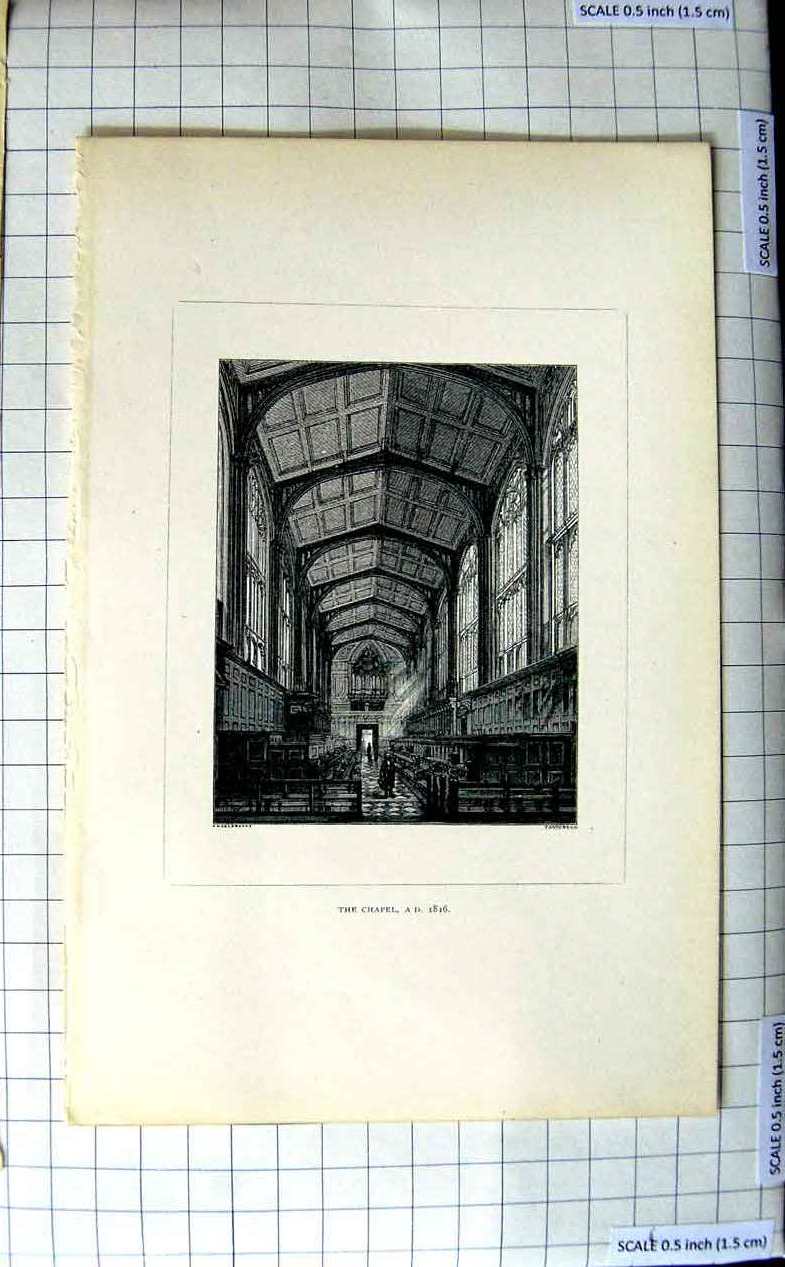 Original Old Antique Print 1816 Interior Chapel Church Windows Architecture