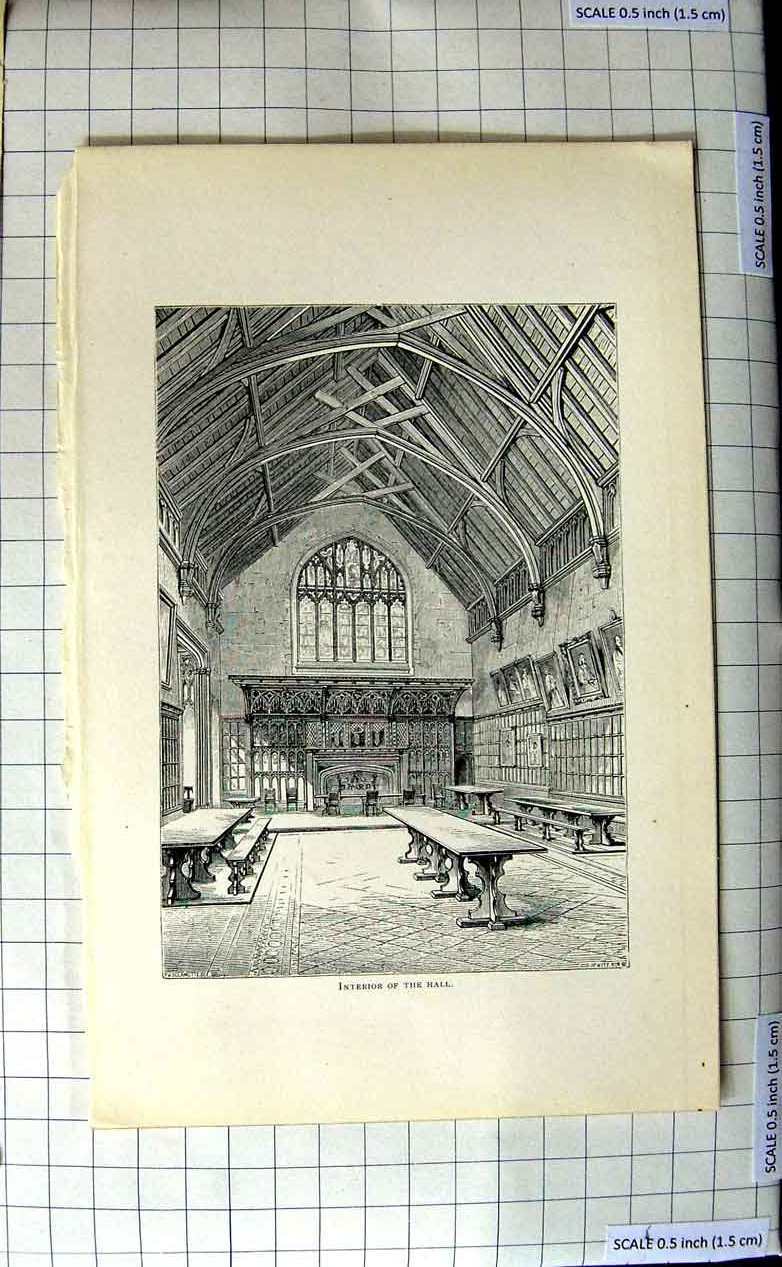 Original Old Antique Print Interior Hall Architecture Tables