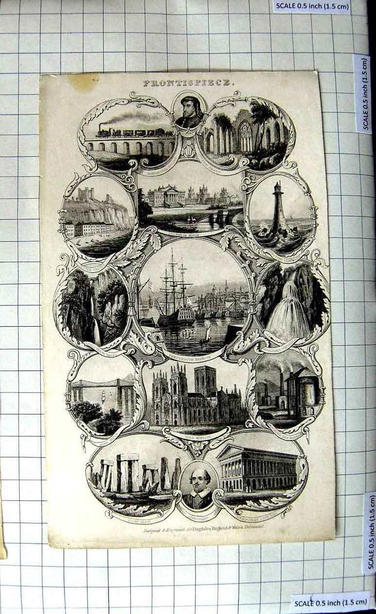 Antique Print Ref.480 Portsmouth Harbour York Minster Shakspeare Eddystone